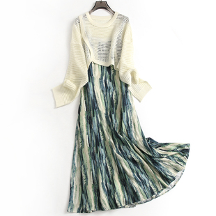 绿色印花显瘦吊带裙鱼尾裙镂空罩衫套装裙气质感时髦女连衣裙M349
