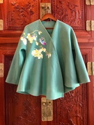 中国风复古摩登豆绿色羊绒面料手工刺绣苏绣玉兰小鸟斗篷式短外套