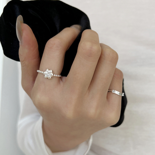 S925纯银女款戒指设计小众花朵六爪锆石开口戒指不规则尾戒简约