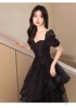 黑色晚礼服短袖宴会赫本风法式高级感宴会主持人女艺考大码连衣裙