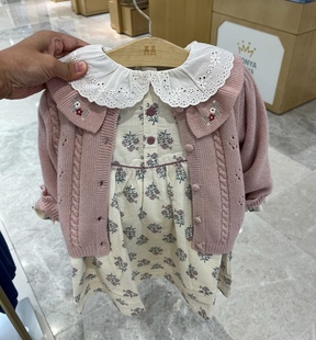 韩国童装23冬款女宝甜美粉色，荷叶领可爱针织开衫洋气毛衣外套n7
