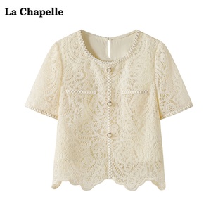 拉夏贝尔lachapelle小香风短袖，衬衫女夏季甜美名媛蕾丝衫上衣