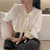 韩国chic秋季优雅气质v领系带，两穿拼接褶皱，感宽松百搭长袖衬衫女