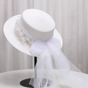 白色平顶帽法式珍珠飘带蝴蝶结礼帽女夏天旅游新娘拍照遮阳帽