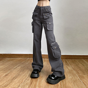 SylCue街头酷拽高腰休闲裤女口袋设计感修身工装裤百搭长裤夏