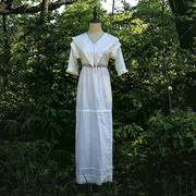 原创设计唐顿庄园同款定制英伦，米白色短袖，荷叶边v领高腰复古长裙