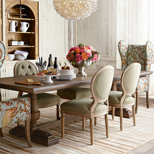 美式乡村实木餐桌复古创意罗马柱，家用餐厅吃饭桌子长条桌法式餐桌