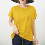 韩版女装宽松休闲中老年妈妈短袖t恤夏纯棉大码黄色圆领上衣