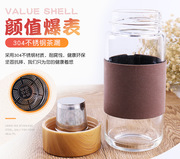 日式泡茶师玻璃杯木纹盖带杯套防烫防漏便携茶杯养生杯高硼硅水杯