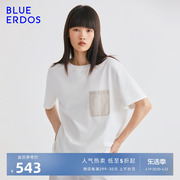 BLUE ERDOS春夏女装通勤舒适纯棉口袋短袖女白色T恤