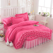 韩版公主磨毛蕾丝床罩床裙式四件套纯色花边被套床套1.5/1.84