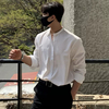 那不勒斯立领衬衫男士长袖设计感男装，高级感韩系纯色，休闲白衬衣(白衬衣)