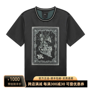 RARE威雅男装奥莱夏季金色竖琴系列数码印花男士黑色圆领短袖T恤