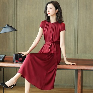 紫红色重磅真丝连衣裙2024夏年轻款高端杭州桑蚕丝绸中长裙子