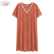 莫代尔女士短袖睡裙夏季超薄款橘色花卉，加肥加大中老年妈妈家居裙