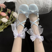 夏季玻璃丝星星蕾丝蝴蝶结中筒袜，日系lolita软妹可爱水晶丝袜短袜