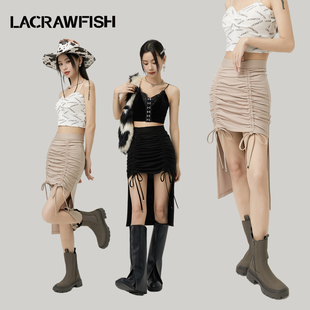 lacrawfish辣妹风设计感抽褶包臀显瘦半身裙，前短后长性感短裙女