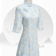 F i 蓝色蕾丝旗袍年轻款少女复古中长款修身改良版连衣裙