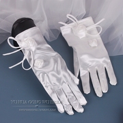 法式玫瑰白色缎面短款结婚新娘，婚礼婚纱晚礼服全指珍珠手套赫本风