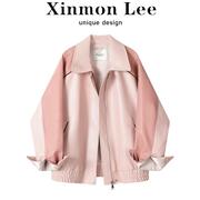 xinmonlee复古粉色机车皮衣外套，女秋季美式休闲运动pu皮夹克上衣