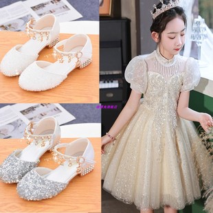 儿童水晶鞋婚礼水钻演出亲子小女孩带包头公主舞蹈女大童高跟凉鞋