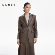 LANCY/朗姿短袖法式皮衣女高级通勤短款外套女设计感翻领女装套装