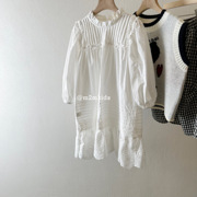 特2024韩版女童裙子，长裙儿童纯色长袖韩系荷叶，领白色连衣裙