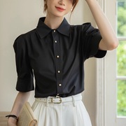 反季外贸品牌折扣女装欧货黑色衬衫女短袖夏季气质上衣OL衬衣
