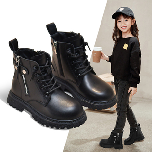 女童马丁靴2024年秋冬季黑色加绒短靴儿童潮酷靴子，女孩皮靴潮