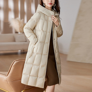 欧根纱和蕾丝双层组合白鹅绒(白鹅绒)羽绒服女中长款直版设计显瘦保暖外套