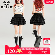keiko甜酷黑色蛋糕短裙24夏季芭蕾风高腰显瘦蓬蓬a字半身裙裤裙
