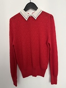 减龄小仙女 拼色彼得领正红镂空羊绒薄款套头针织衫 红色刺绣毛衣