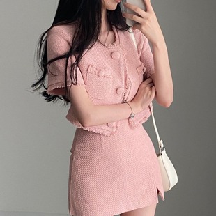 韩国chic粉嫩少女浪漫约会粗花呢短款上衣，+包臀半身裙两件套装女