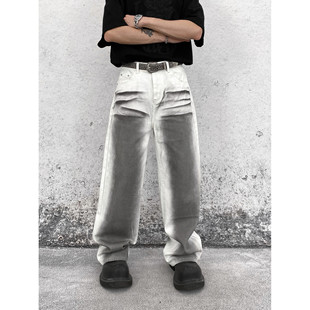 hozi喷漆做旧白色牛仔裤男夏季设计感小众，宽松复古阔腿直筒拖地裤