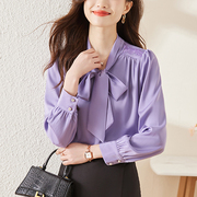 紫色职业雪纺衬衫，女长袖蝴蝶结飘带法式上衣，洋气时尚高端打底衬衣