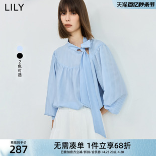 LILY2024夏女装优雅气质系带都市通勤款洋气宽松垂坠感雪纺衫