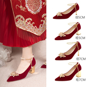 新娘婚宴高跟尖头单鞋，法式优雅红色细跟中式结婚秀禾高跟优雅单鞋