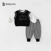 男童春装套装20241—3岁儿童韩版针织马甲三件套宝宝洋气衣服