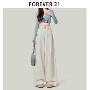 Forever 21流行大阔腿白色牛仔裤女裤浅色复古裤子蓝色高腰拖地裤