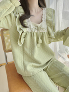 空气棉睡衣女春秋冬季夹层加厚长袖甜美绿色，公主风加厚家居服套装