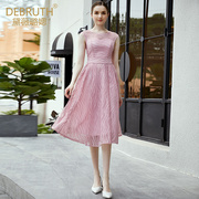 黛薇璐媤粉色波点股线蕾丝连衣裙女夏季法式气质高腰礼服长裙