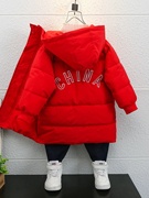 男童冬季中长款加厚棉衣，2023红色中国宝宝儿童，羽绒棉保暖外套