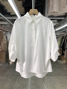 气质中袖减龄白色衬衫女设计感23韩版宽松简约polo领百搭衬衣