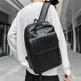 双肩包男休闲编织pu皮质旅行包，电脑包学生书包，时尚潮流男士小背包