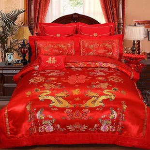 婚庆四件式床组纯棉天丝，绸缎贡缎提花全棉，床笠款被套床品大红色