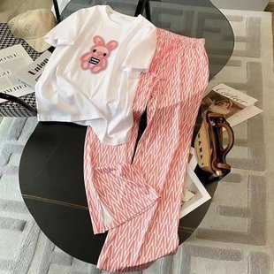 粉色运动休闲套装女夏季时尚洋气减龄网红阔腿裤两件套薄款潮