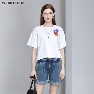 sdeer圣迪奥女夏季休闲设计感胸针撞色字母短袖白色T恤S22280101