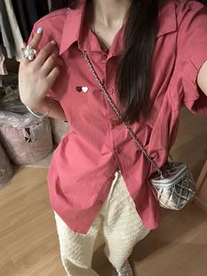 韩系POLO领纯色宽松短袖衬衫2024女爱心刺绣简约时尚上衣潮女
