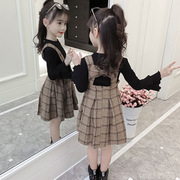 女童春秋套装秋季装儿童韩版呢子，背心裙洋气打底衫女背带裙两件套