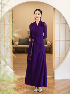 汉服改良新中式轻国风一片式紫色高级感禅意收腰系带连衣裙春夏季